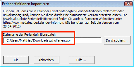 Dialogfenster 'Feriendefinitionen importieren - Eingabe des Dateinamens'