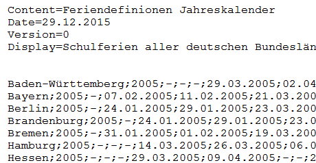 Inhalt der Schulferiendefinitionsdatei (Ausschnitt)