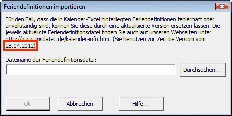 Dialogfenster 'Feriendefinitionen importieren'