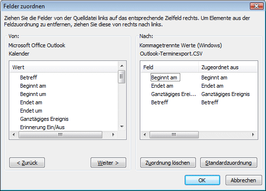 Outlook-Dialogfenster 'Felder zuordnen'