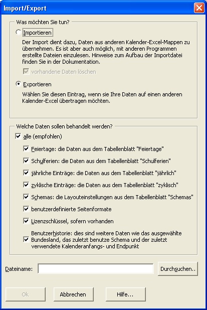 Dialogfenster 'Import/Export' - Klicken zum Vergrößern Dialogfenster 'Import/Export' - Klicken zum Vergrößern