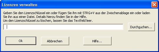 Dialogfenster zur Eingabe des Lizenzschlssels