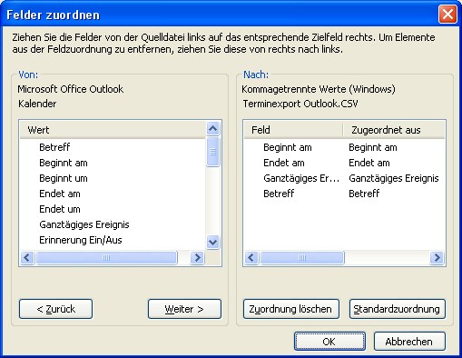 Outlook-Dialogfenster 'Felder zuordnen' Outlook-Dialogfenster 'Felder zuordnen'