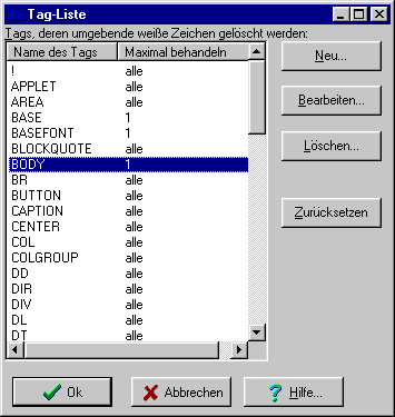 Dialogfenster 'Tag Liste'