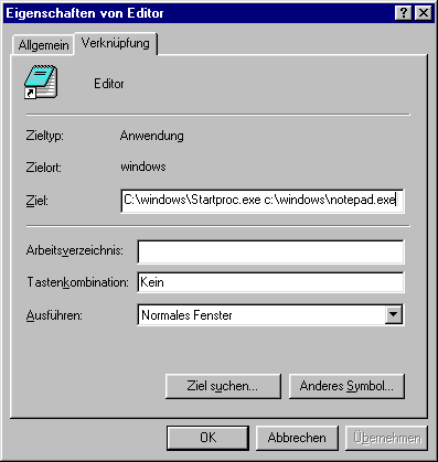 Dialogfenster EDITOR.LNK - Eigenschaften